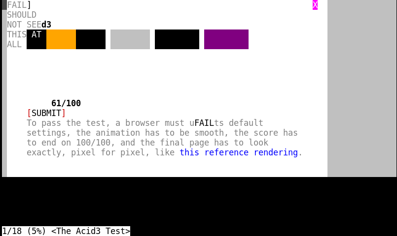 Acid3 test, 61 out of 100 points reached.